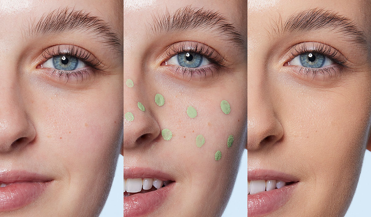 Model Before And After Applying Green Color Corrector Makeup