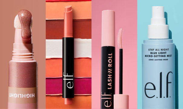 Spring essentials like e.l.f. Halo Glow Beauty Wand, Pout Clout Plumping Pen, Lash N' Roll Mascara and Stay All Night Blue Light Micro-Setting Mist